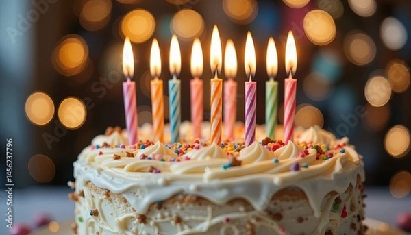 Obraz Birthday cake with candles, bright lights bokeh.