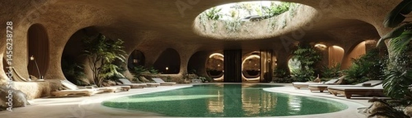 Obraz An eco-resort designed with biophilic principles, blending nature and architecture for sustainability and harmony.