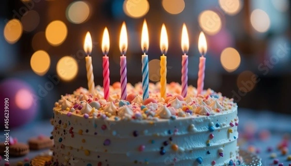 Obraz Birthday cake with candles, bright lights bokeh.