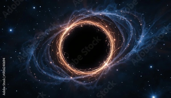 Obraz Black hole over star field in outer space, abstract space wallpaper with form of letter O and sparks of light with copy space.