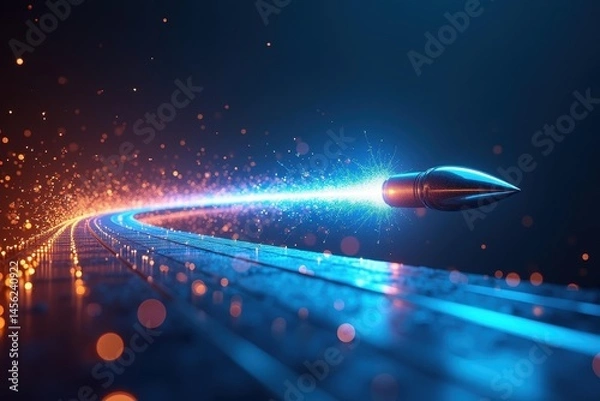 Fototapeta Energy in motion. Train hurtles forward with intense burst of energy radiating outward from its luminous front end.