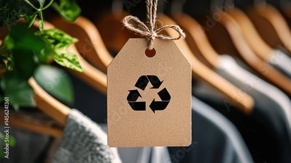 Fototapeta Recycling symbol on kraft paper tag surrounded by green leaves