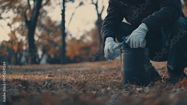 Fototapeta Person cleaning up litter in a park wearing gloves and face mask
