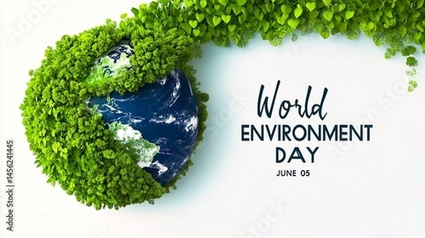 Fototapeta Planet Earth surrounded by green leaves with World Environment Day text
