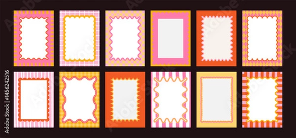 Fototapeta Doodle wavy frames. Geometric curvy edges border. Curved frame with wave, squiggly shapes. Hand drawn pattern square box for poster, invitation cards. Vector colorful set