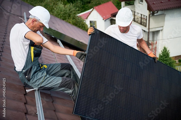 Fototapeta Workers building solar panel system on rooftop of house. Two men installers in helmets installing photovoltaic solar module outdoors. Alternative, green and renewable energy generation concept.