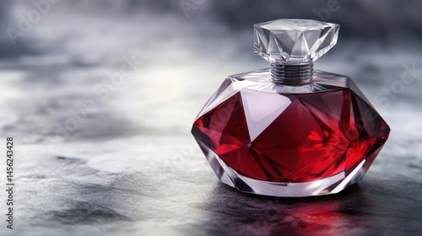 Fototapeta Faceted red glass perfume bottle with diamond-shaped stopper on marble surface.