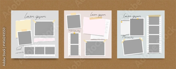 Obraz Empty photo frames. Blank frame collage. Memories creativity mood board. Minimalist photo frame with notice, paper sheet, pin and tape. Digital scrapbook wall. Vector set