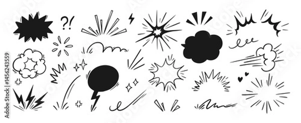Obraz Comic explosion. Doodle boom bomb effects. Hand drawn line action lines, dynamic shape, burst, speech bubble, cloud puff, zap effect. Outline comic book sticker. Vector set