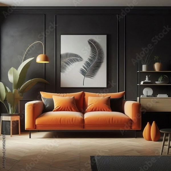 Obraz Black mock up wall with orange sofa in modern interior background, living room, Scandinavian style, 3D render, 3D illustration.