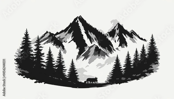 Obraz Black silhouette of mountains and fir trees camping adventure wildlife landscape panorama illustration icon vector for logo, isolated on white background.