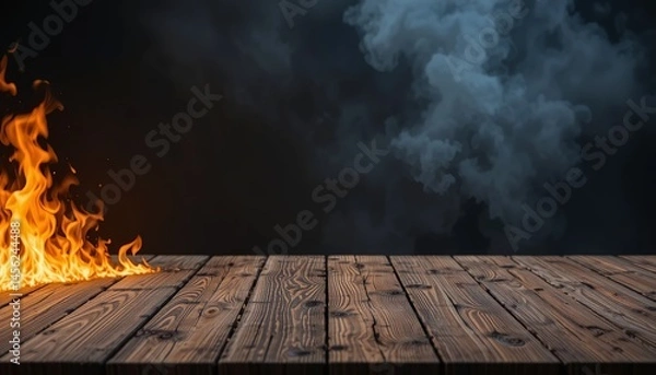 Obraz Blank wooden table with fire burning at the edge of the table, fire sparks and smoke with flames on a dark background to display products.