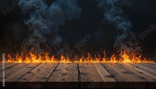 Obraz Blank wooden table with fire burning at the edge of the table, fire sparks and smoke with flames on a dark background to display products.