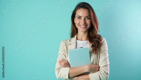 Fototapeta Tutor AI. Smiling learning assistant. Female woman model isolated background. Female tutor smiles warmly as she holds folder, conveying friendly, approachable, and knowledgeable support.