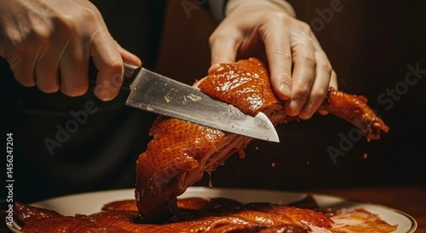 Obraz Delicious roasted peking duck being expertly carved by a chef with a sharp knife food dish meal meat