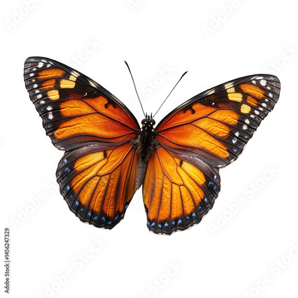 Fototapeta Beautiful monarch butterfly wings orange and black detailed macro insect on transparent background