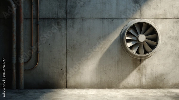 Obraz Realistic industrial scene featuring concrete wall with large ventilation fan, showcasing blend of shadows and light that creates dramatic atmosphere. setting evokes sense of functionality and raw
