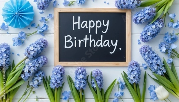 Obraz Blue decorations and hyacinth flowers on white table, blackboard with text Happy Birthday.