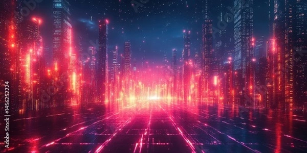Obraz Futuristic Abstract City with Glowing Grids and Holograms