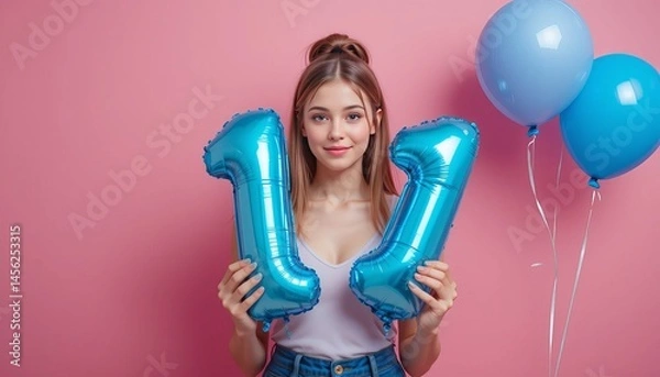 Obraz Coming of age party - 11 birthday. Young woman holding number shaped balloons on pink background, space for text.
