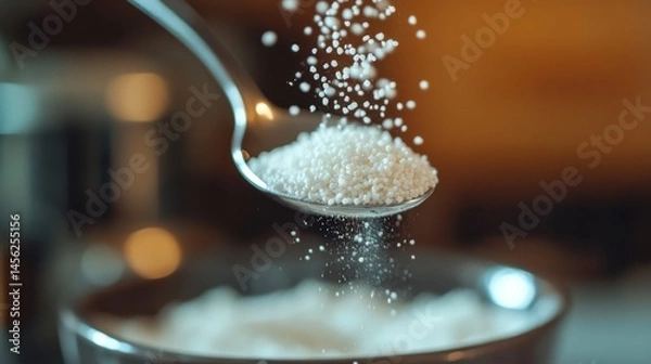 Obraz A close-up of tiny white MSG granules falling from a spoon into a bowl, with a blurred background of a kitchen setting.