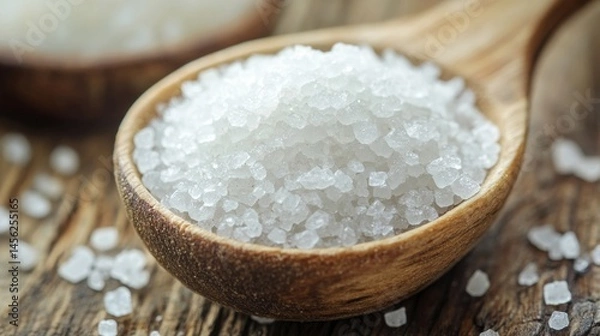 Obraz A close-up of white MSG crystals in a wooden spoon, with a small bowl filled with MSG on a wooden surface, capturing the fine texture of the seasoning.