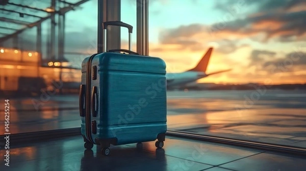 Fototapeta A stylish teal suitcase sits in an airport at sunset, ready for a new journey.