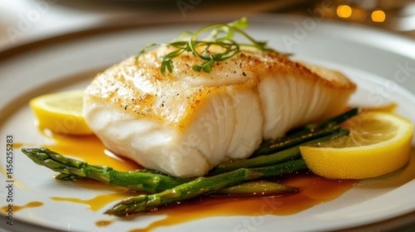 Obraz A delicate white fish fillet steamed to perfection, plated with asparagus, lemon slices, and a drizzle of light soy sauce, in a fine dining setting.