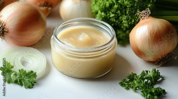 Fototapeta A glass jar of onion cream with a smooth texture, placed on a white surface, surrounded by fresh onions and green herbs.