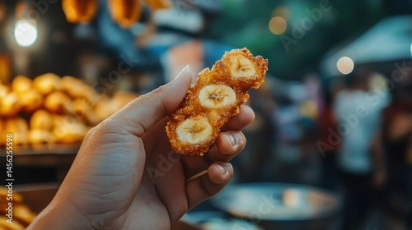 Obraz A hand holding a piece of crispy banana fritter, showing the crunchy texture and warm banana filling, with blurred background of a street food stall.