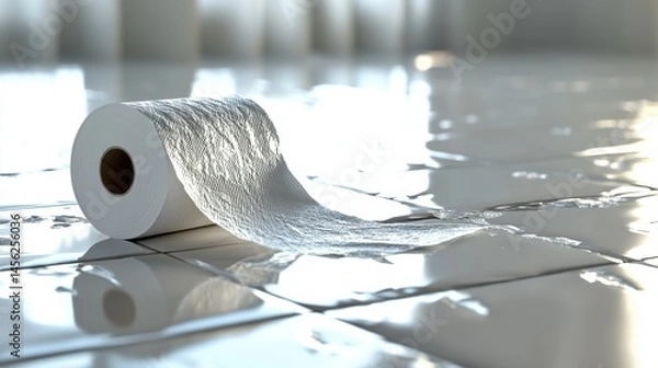 Fototapeta A spilled toilet paper roll unraveling on a glossy tiled floor, reflecting light and creating an artistic yet everyday life scene.