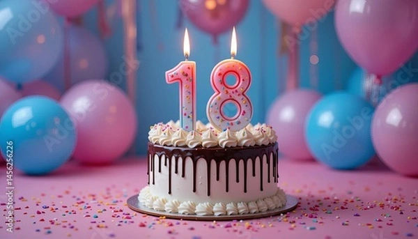 Obraz Coming of age party - 18st birthday. Delicious cake with number shaped candles on pink table near balloons.