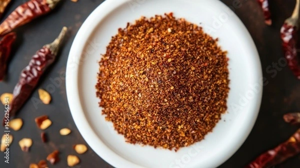 Obraz A top-down view of crushed chili powder arranged in a neat pile on a white plate, with whole dried chilies and chili flakes nearby.
