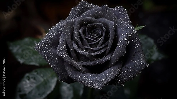 Obraz A rare and mysterious black rose covered in perfectly round droplets of highly reflective silver water giving it an almost metallic high-fashion look