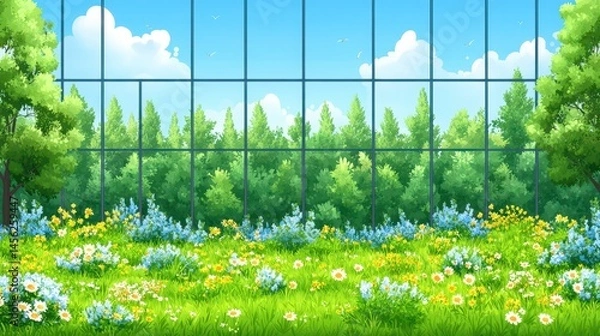 Obraz Serene garden view through glass windows peaceful meadow of wildflowers lush foliage and bright sky creating a calming ambiance