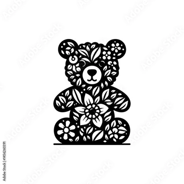 Fototapeta Folk inspired Scandinavian bear vector filled with leaves and floral patterns in decorative line art style  