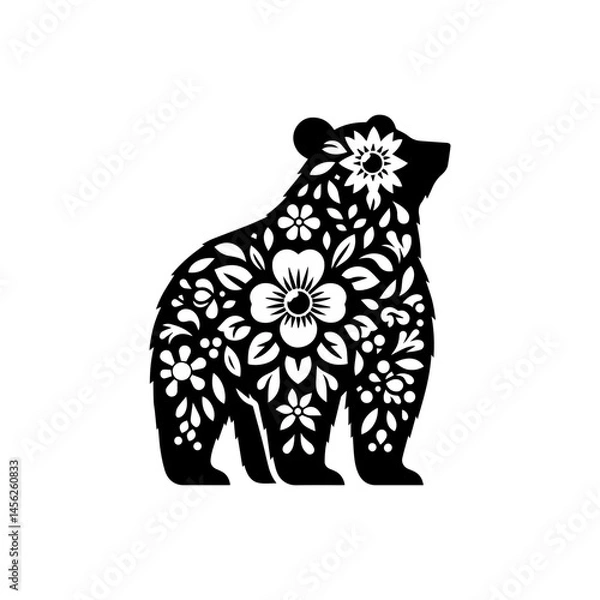 Fototapeta Folk inspired Scandinavian bear vector filled with leaves and floral patterns in decorative line art style  