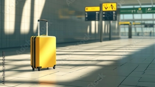 Fototapeta Modern suitcase standing alone on a tiled airport floor with directional signs in the background