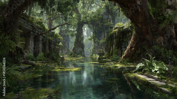 Obraz Serene and untouched jungle landscape featuring lush greenery, ancient ruins, and tranquil waterway reflecting vibrant foliage. scene evokes sense of peace and wonder
