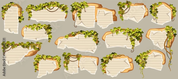 Obraz Wooden brown boards with school page in line, ragged graph paper. Set 3d vector blank invitations, maps decorated stems hedera helix, ivy, liana, grapes, vine,  jungle plants.
