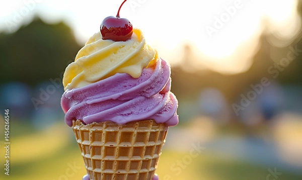 Obraz Swirled Yellow and Purple Ice Cream Cone with Cherry