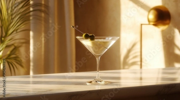 Fototapeta Realistic martini glass with a clear cocktail and two green olives on a pick, placed on a marble bar counter with soft lighting