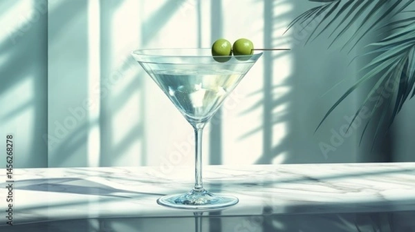 Fototapeta Realistic martini glass with a clear cocktail and two green olives on a pick, placed on a marble bar counter with soft lighting