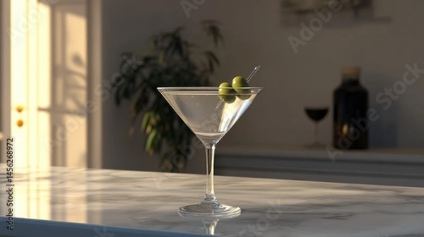 Obraz Realistic martini glass with a clear cocktail and two green olives on a pick, placed on a marble bar counter with soft lighting
