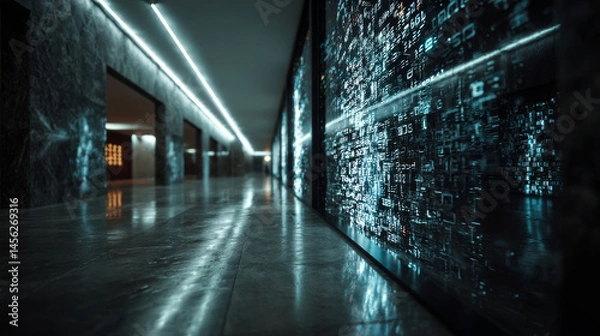 Fototapeta Futuristic corridor featuring glowing digital symbols and sleek, reflective floor creates immersive atmosphere. walls are adorned with intricate patterns, enhancing modern aesthetic