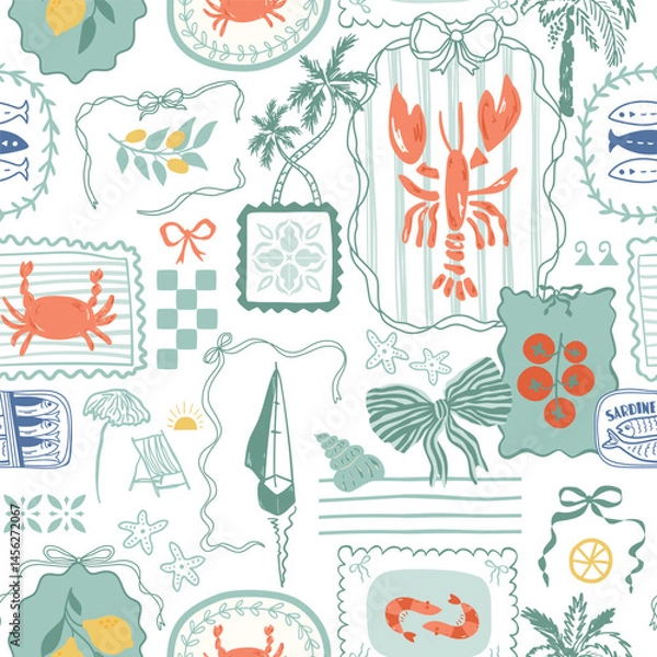 Fototapeta Mediterranean summer mosaic seamless pattern. Cute coastal beach wallpaper. Italian food, lobster and sardine, sailboat, bows, ribbons, checkered elements, palms. Vector background, textile design