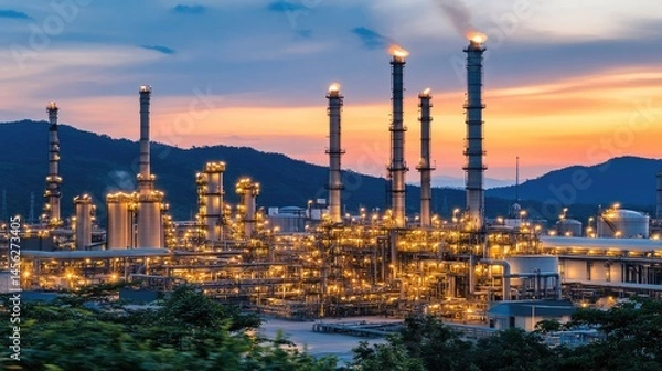 Fototapeta Oil refinery at night with dramatic lighting, showing flare stacks and complex piping systems