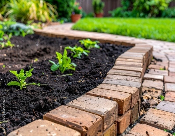 Obraz Close-up of raised vegetable bed edge made from bricks or wood