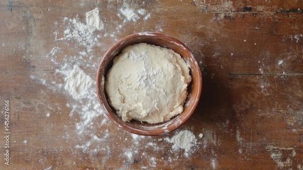 Fototapeta Top-down view of bread dough being mixed in a ceramic bowl with flour scattered on a wooden countertop