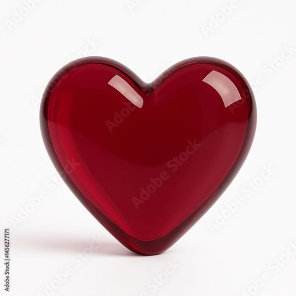 Obraz Glossy transparent glass heart in deep red, on a white background. Minimalist, elegant, high-resolution 3D render with soft highlights. Valentine's Day designs, romantic greeting cards, love 